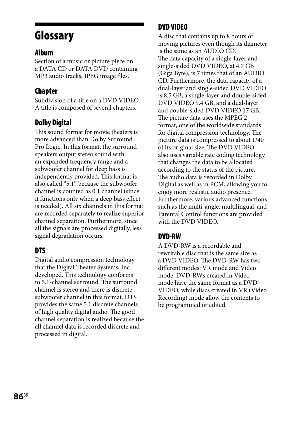 Glossary, Album, Chapter | Dolby digital, Dvd video, Dvd-rw | Sony CMT-DH7BT User Manual | Page 86 / 92