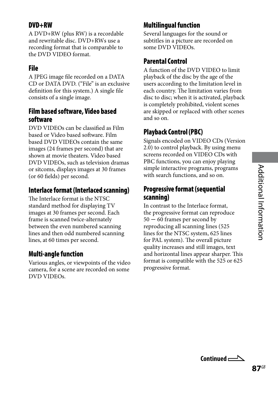 Additional i nf or ma tion, Dvd+rw, File | Film based software, video based software, Interlace format (interlaced scanning), Multi-angle function, Multilingual function, Parental control, Playback control (pbc), Progressive format (sequential scanning) | Sony CMT-DH7BT User Manual | Page 87 / 92