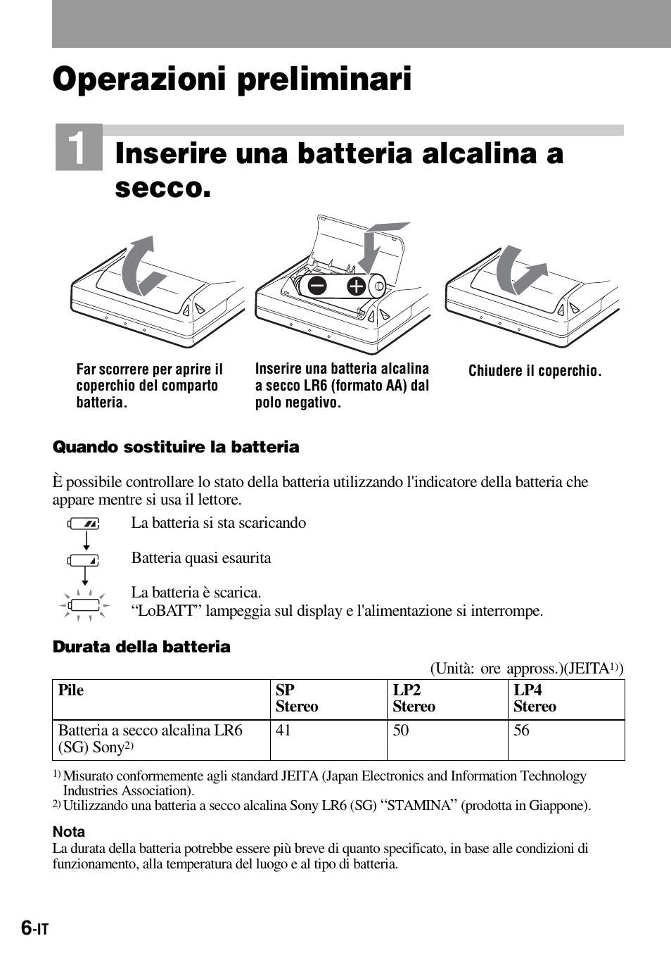Operazioni preliminari, Inserire una batteria alcalina a secco | Sony Walkman MZ-E310 User Manual | Page 138 / 364