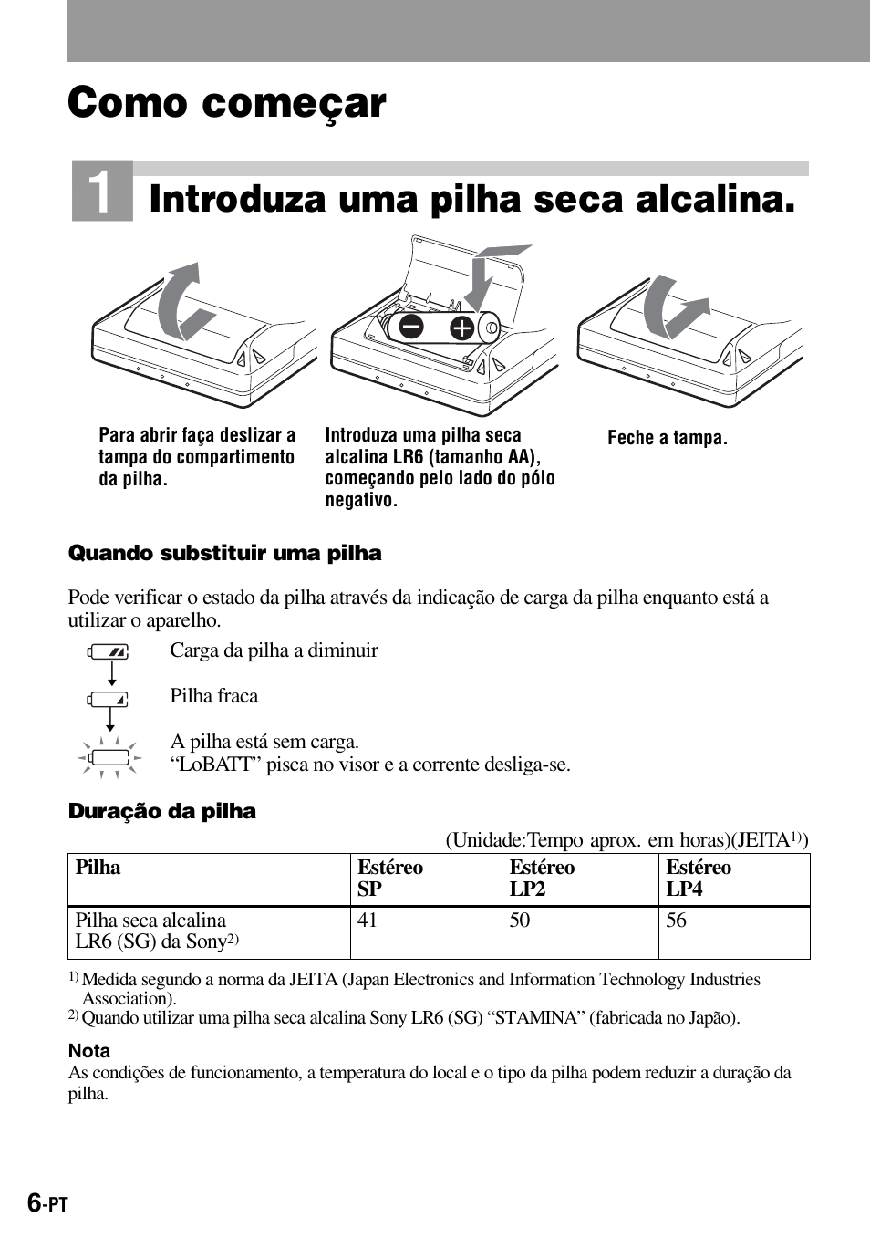 Como começar, Introduza uma pilha seca alcalina | Sony Walkman MZ-E310 User Manual | Page 160 / 364