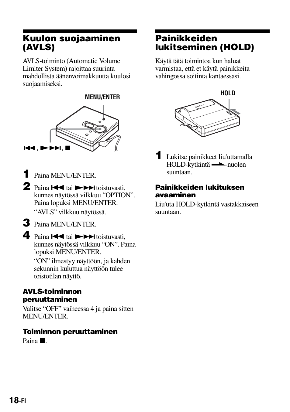 Kuulon suojaaminen (avls), Painikkeiden lukitseminen (hold) | Sony Walkman MZ-E310 User Manual | Page 194 / 364