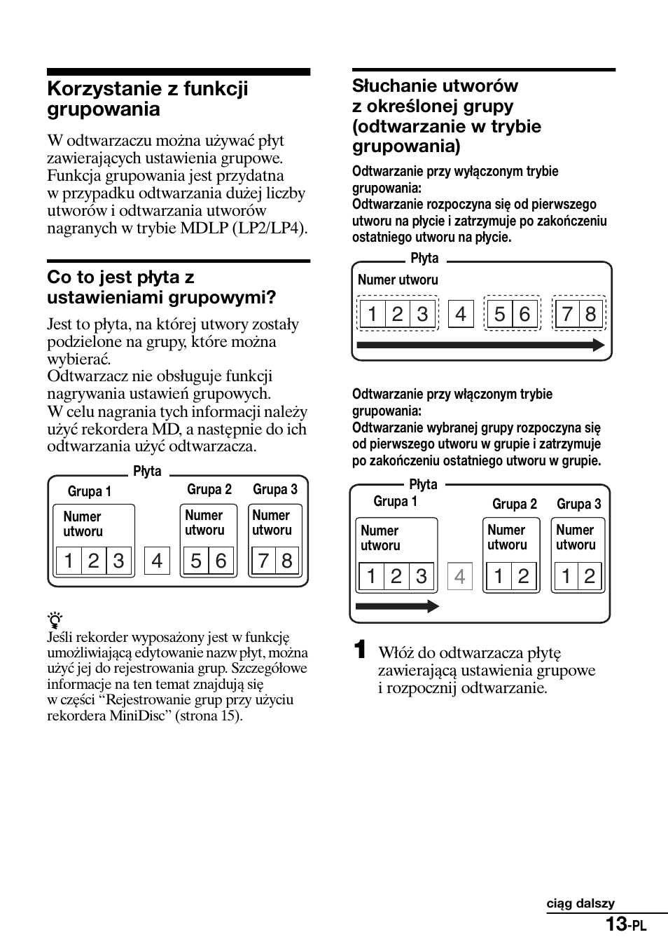 Korzystanie z funkcji grupowania, Co to jest p¸yta z ustawieniami grupowymi, Odtwarzanie w trybie grupowania) | Sony Walkman MZ-E310 User Manual | Page 259 / 364