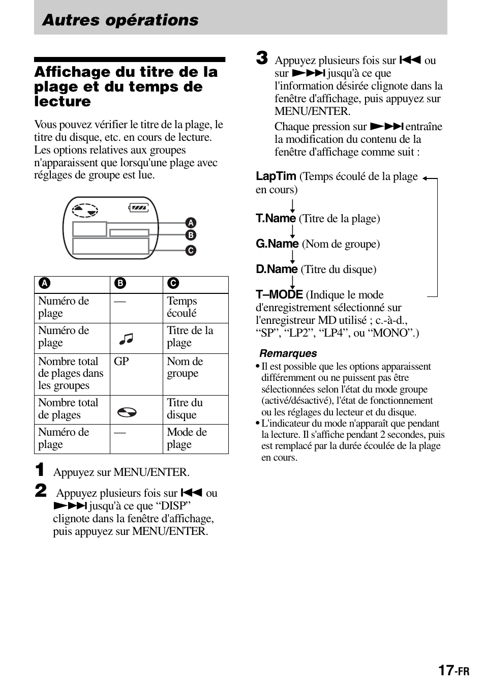 Autres opérations, Other operations, Viewing the track name and playing time | Sony Walkman MZ-E310 User Manual | Page 39 / 364