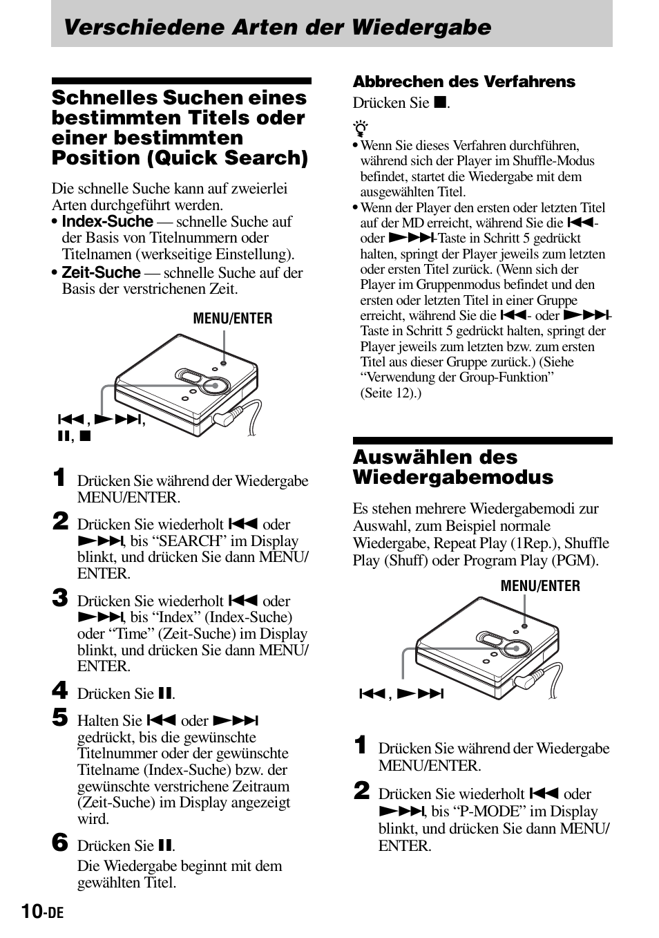 Verschiedene arten der wiedergabe, Auswählen des wiedergabemodus | Sony Walkman MZ-E310 User Manual | Page 54 / 364