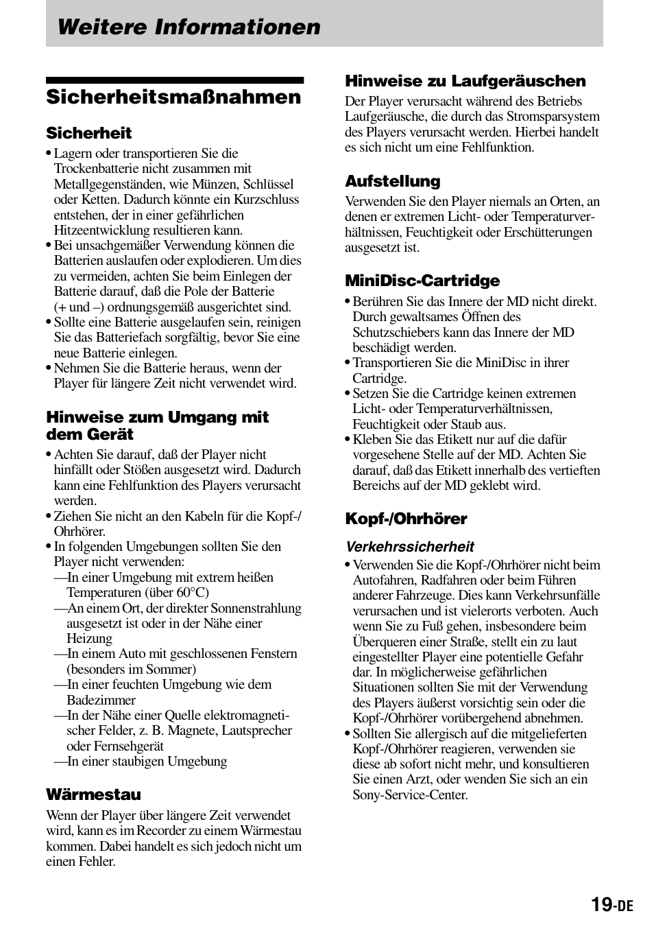 Weitere informationen, Sicherheitsmaßnahmen | Sony Walkman MZ-E310 User Manual | Page 63 / 364