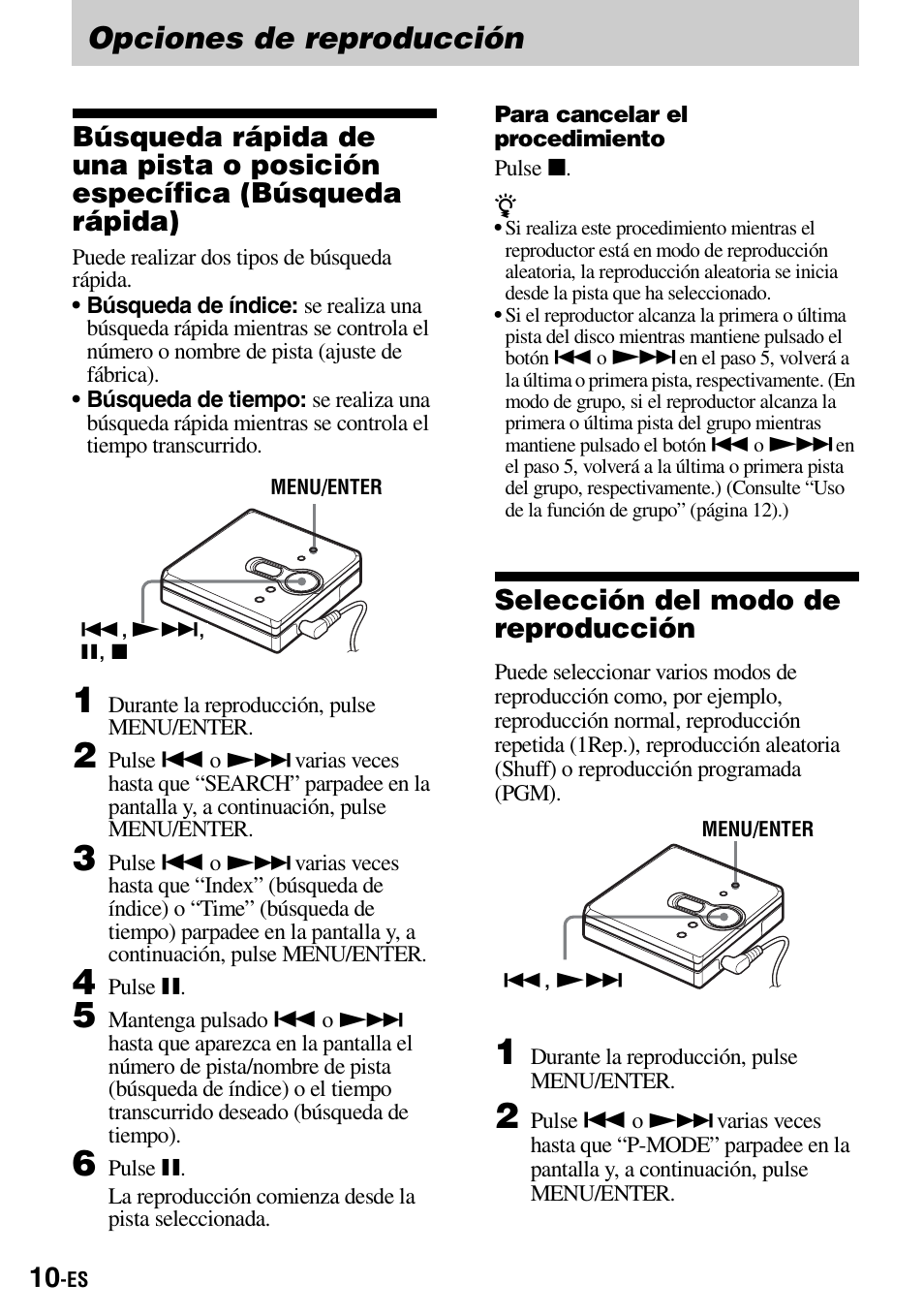 Opciones de reproducción, Selección del modo de reproducción | Sony Walkman MZ-E310 User Manual | Page 76 / 364