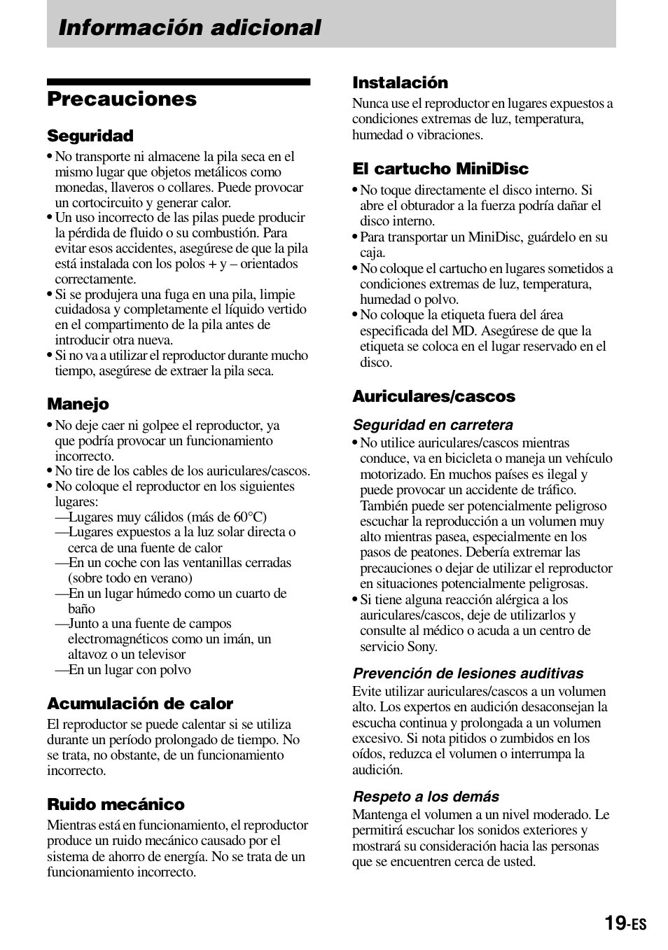 Información adicional, Precauciones | Sony Walkman MZ-E310 User Manual | Page 85 / 364