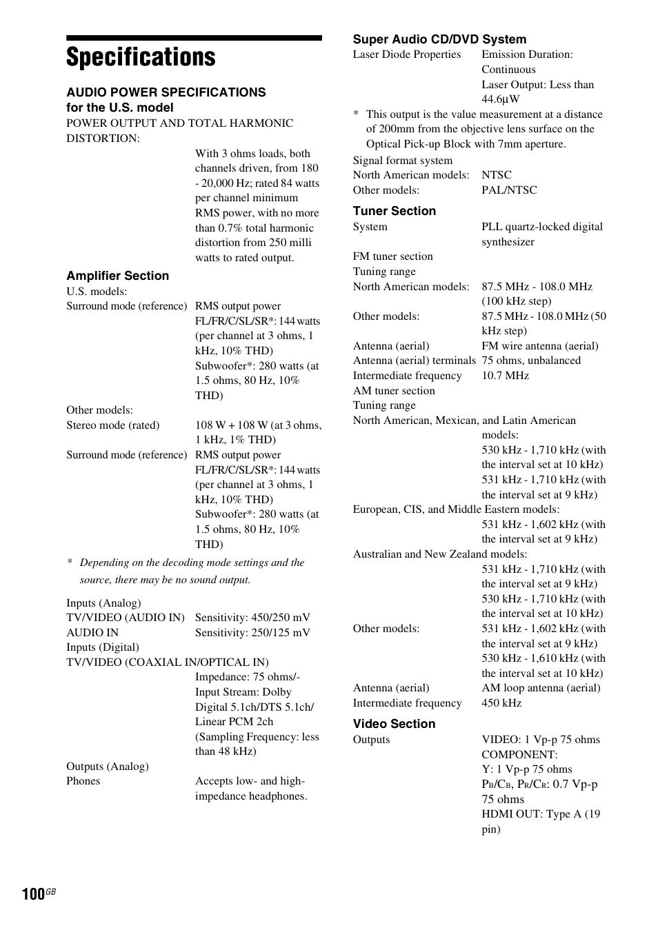 Specifications | Sony DAV-HDX685 User Manual | Page 100 / 116