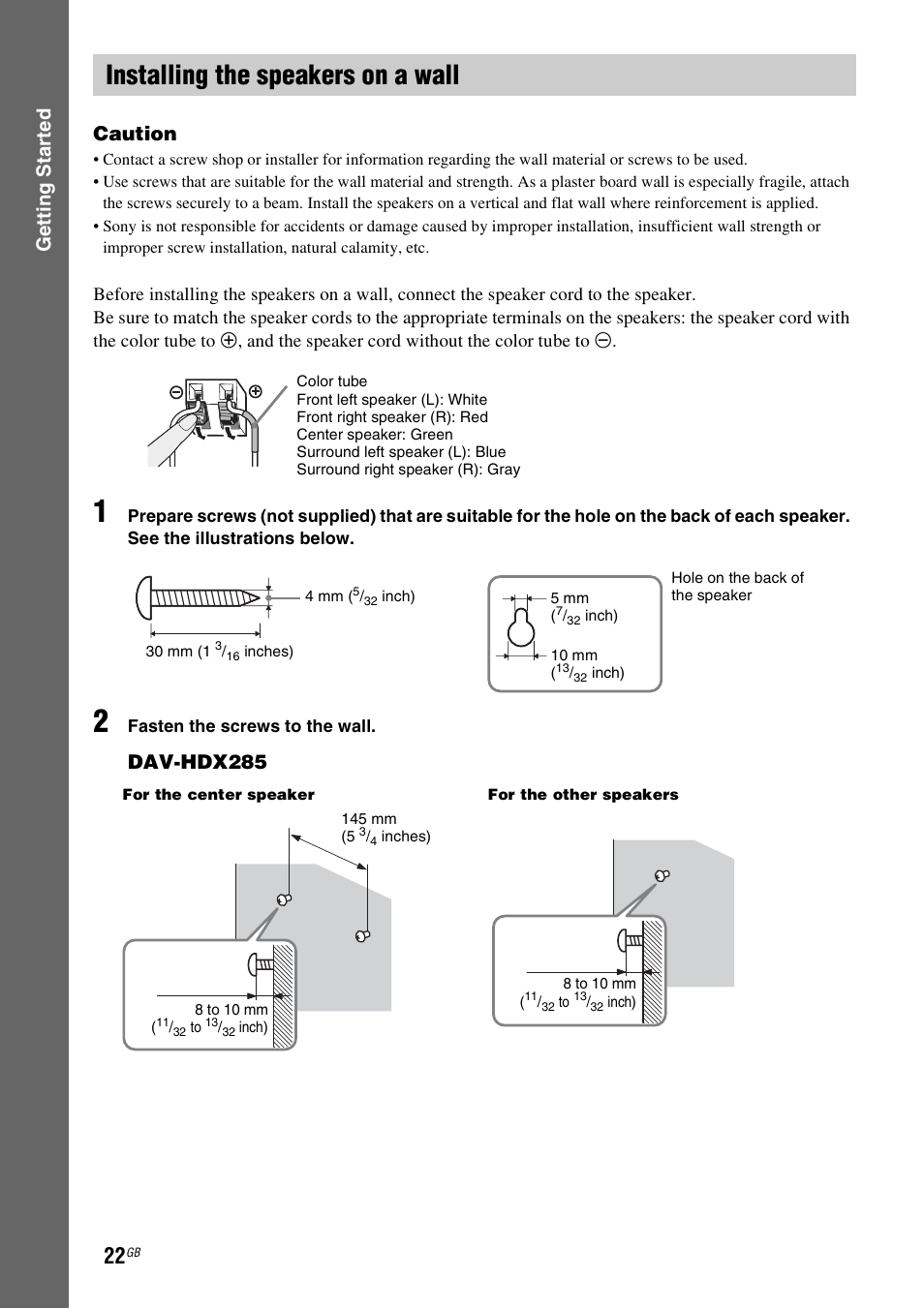 Installing the speakers on a wall, Gettin g star ted caution, Dav-hdx285 | Sony DAV-HDX685 User Manual | Page 22 / 116