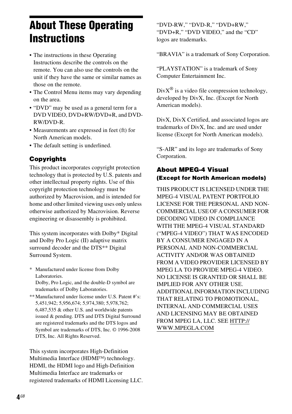About these operating instructions | Sony DAV-HDX685 User Manual | Page 4 / 116