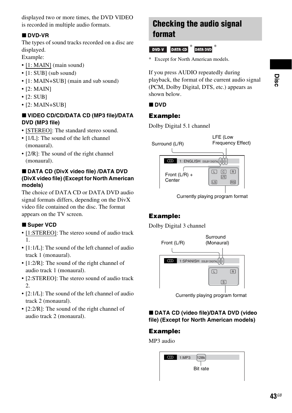 Checking the audio signal format, Dis c, Example | Sony DAV-HDX685 User Manual | Page 43 / 116