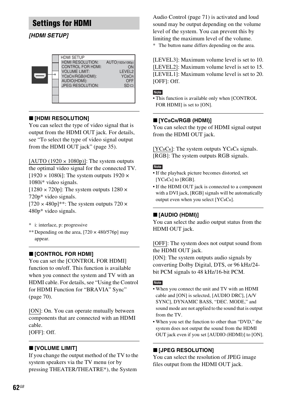 Settings for hdmi | Sony DAV-HDX685 User Manual | Page 62 / 116