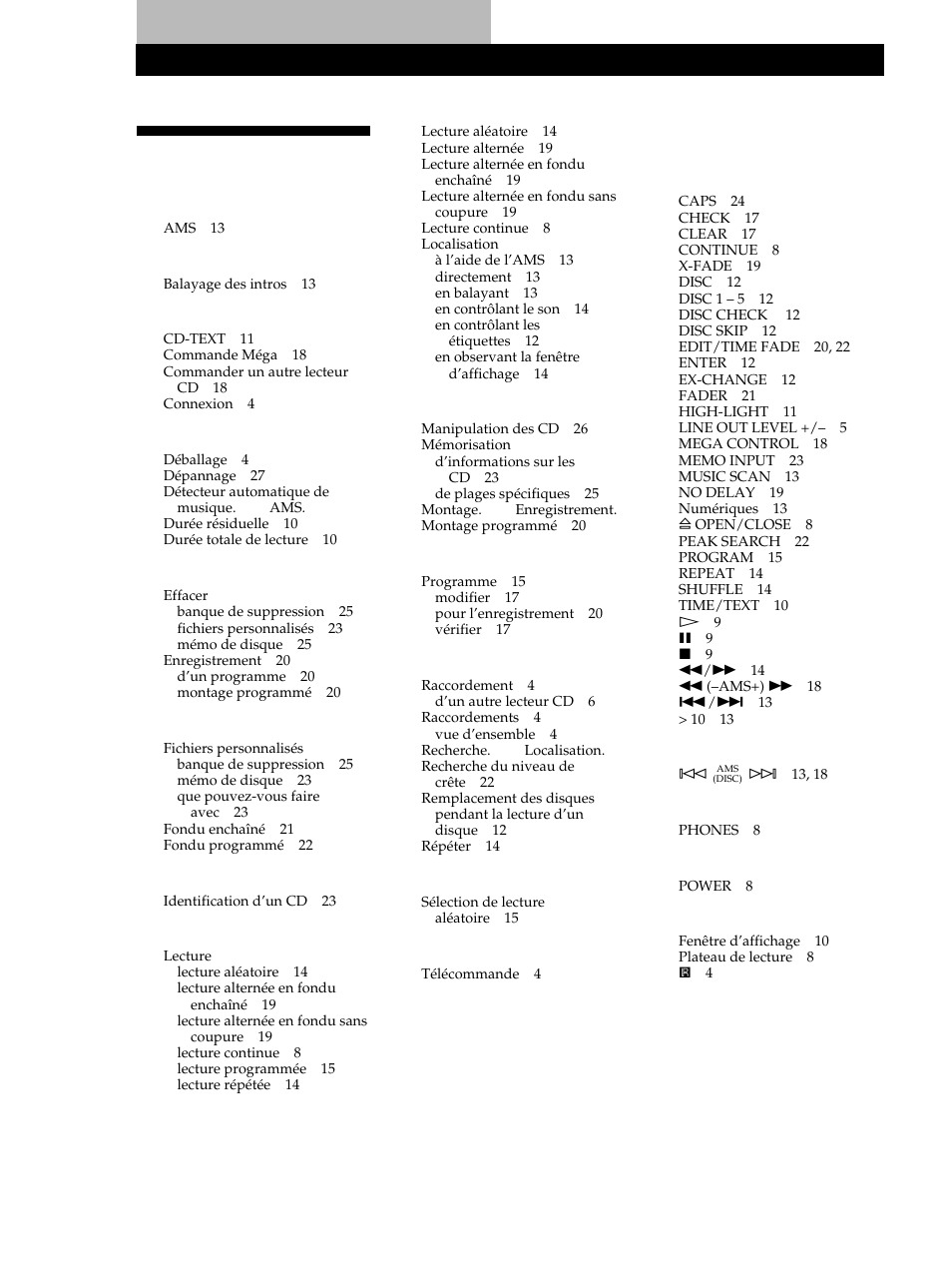 Index, Désignation des commandes touches, Commande | Prise, Commutateur, Autres, F, g, h, I, j, k, M, n, o, P, q | Sony CDP-CE515 User Manual | Page 56 / 112