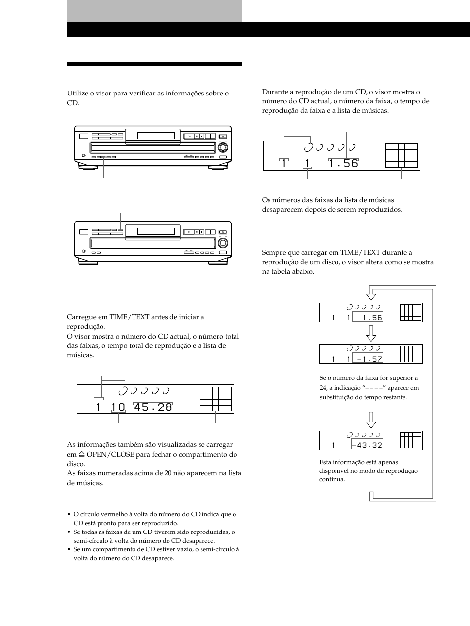 Utilização do visor, Reproduzir cds, Verificação do tempo restante | Sony CDP-CE515 User Manual | Page 94 / 112