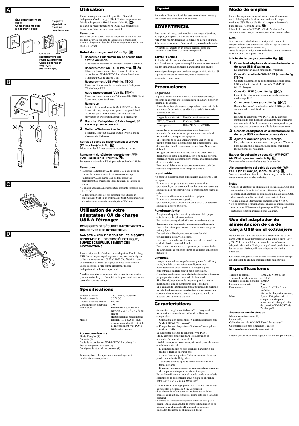 Ab c d, Utilisation, Spécifications | Advertencia, Precauciones, Características, Modo de empleo, Especificaciones, Ab c | Sony AC-NWUM50 User Manual | Page 2 / 2