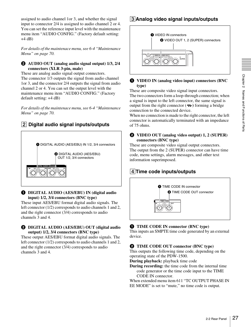2 digital audio signal inputs/outputs, 3 analog video signal inputs/outputs, 4 time code inputs/outputs | Sony PDW-1500 User Manual | Page 27 / 84