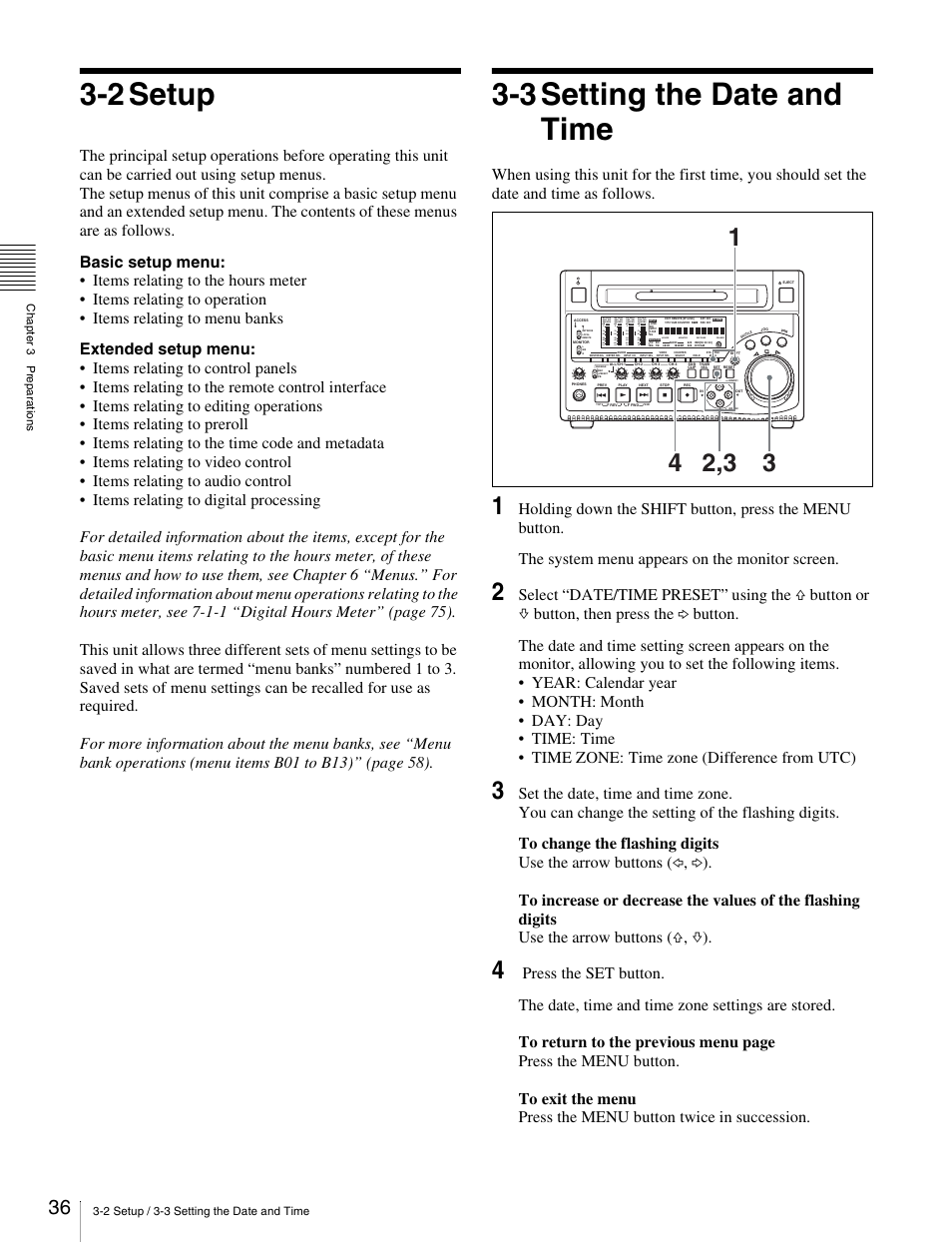 2 setup, 3 setting the date and time, 2 setup 3-3 setting the date and time | Sony PDW-1500 User Manual | Page 36 / 84