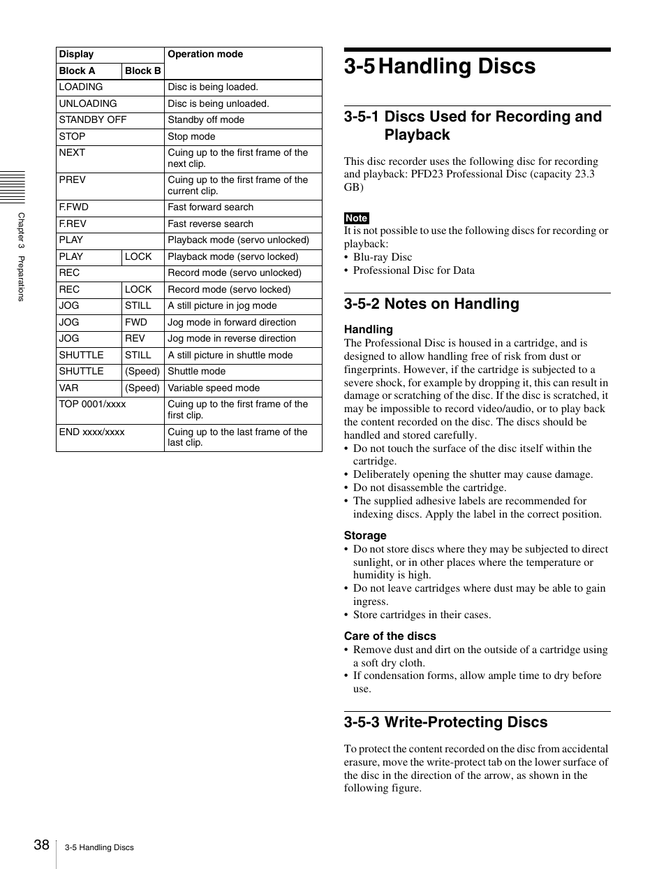 5 handling discs, 5-1 discs used for recording and playback, 5-2 notes on handling | 5-3 write-protecting discs, 5-2 notes on handling 3-5-3 write-protecting discs | Sony PDW-1500 User Manual | Page 38 / 84
