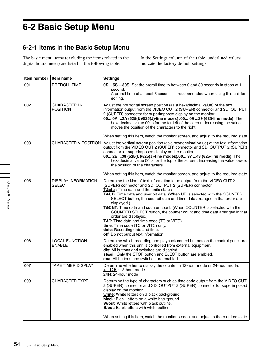 2 basic setup menu, 2-1 items in the basic setup menu | Sony PDW-1500 User Manual | Page 54 / 84