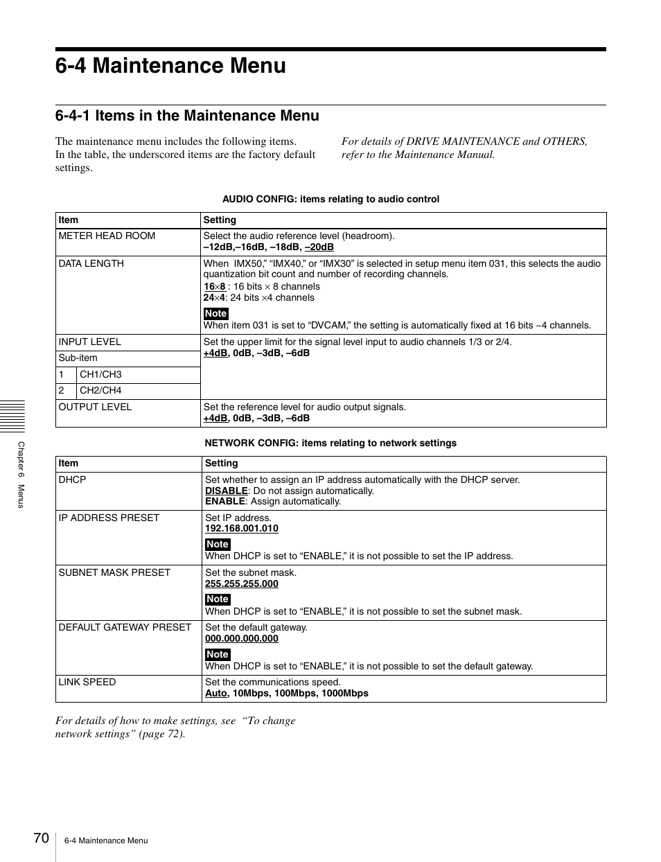 4 maintenance menu, 4-1 items in the maintenance menu | Sony PDW-1500 User Manual | Page 70 / 84
