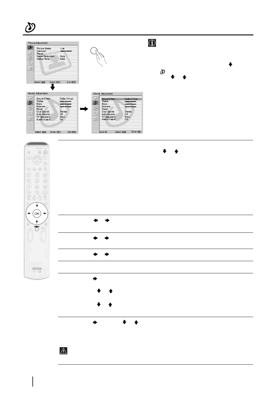The sound adjustment menu | Sony KE-P37XS1 User Manual | Page 20 / 196