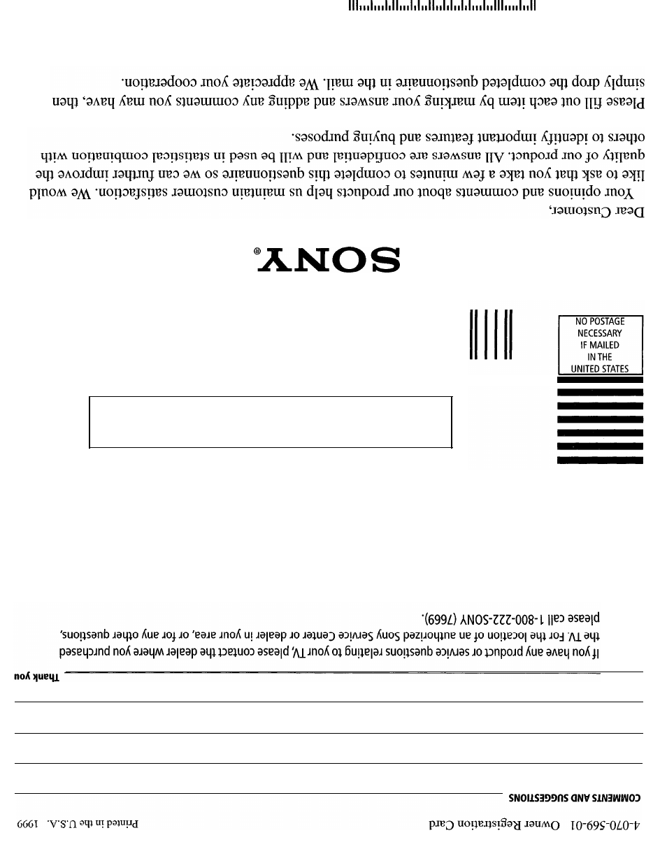 Business reply mail | Sony WEGA KV-27FS13 User Manual | Page 58 / 61