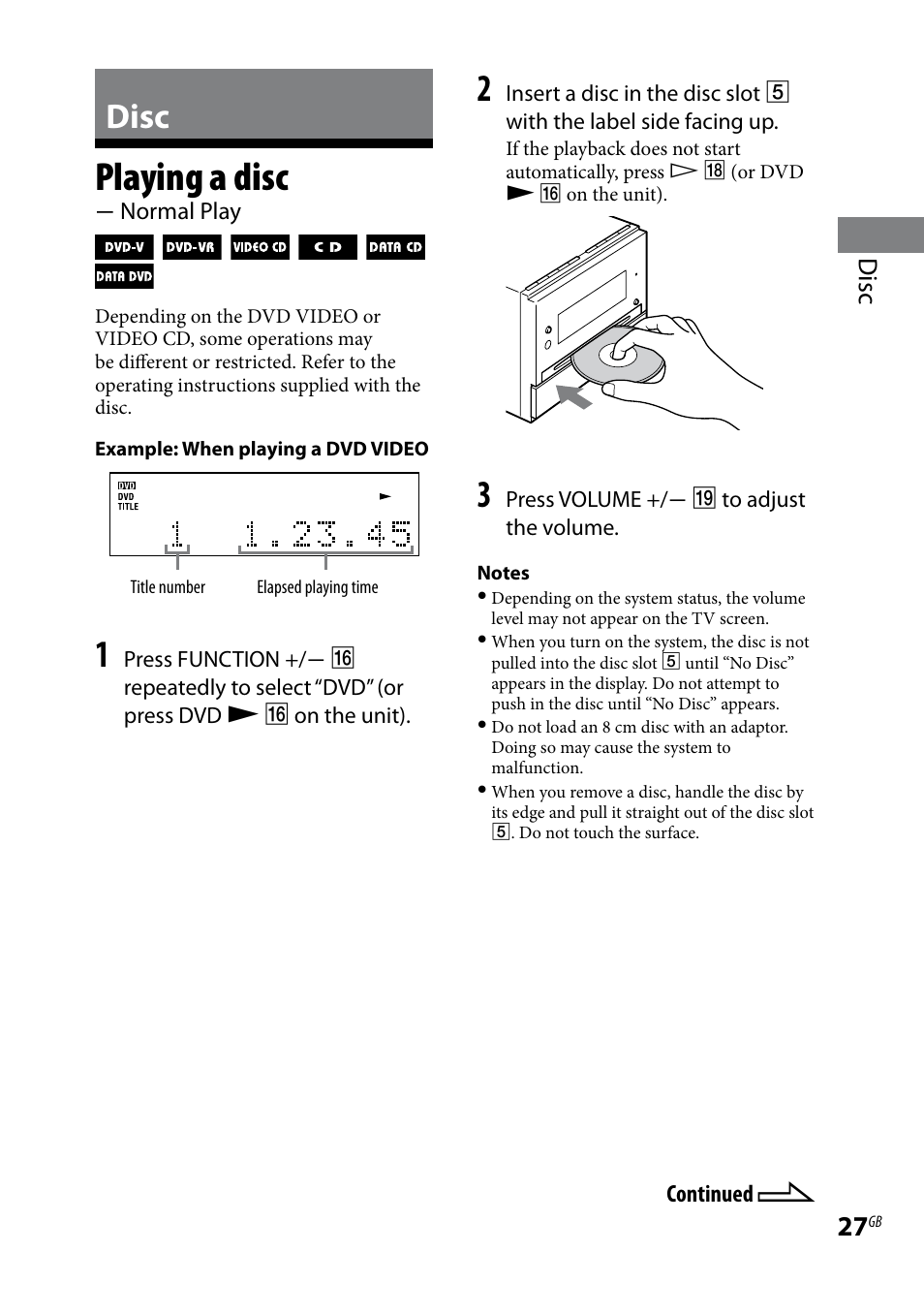 Disc, Playing a disc, Normal play | Playing a disc  normal play | Sony 3-097-194-15(1) User Manual | Page 27 / 112