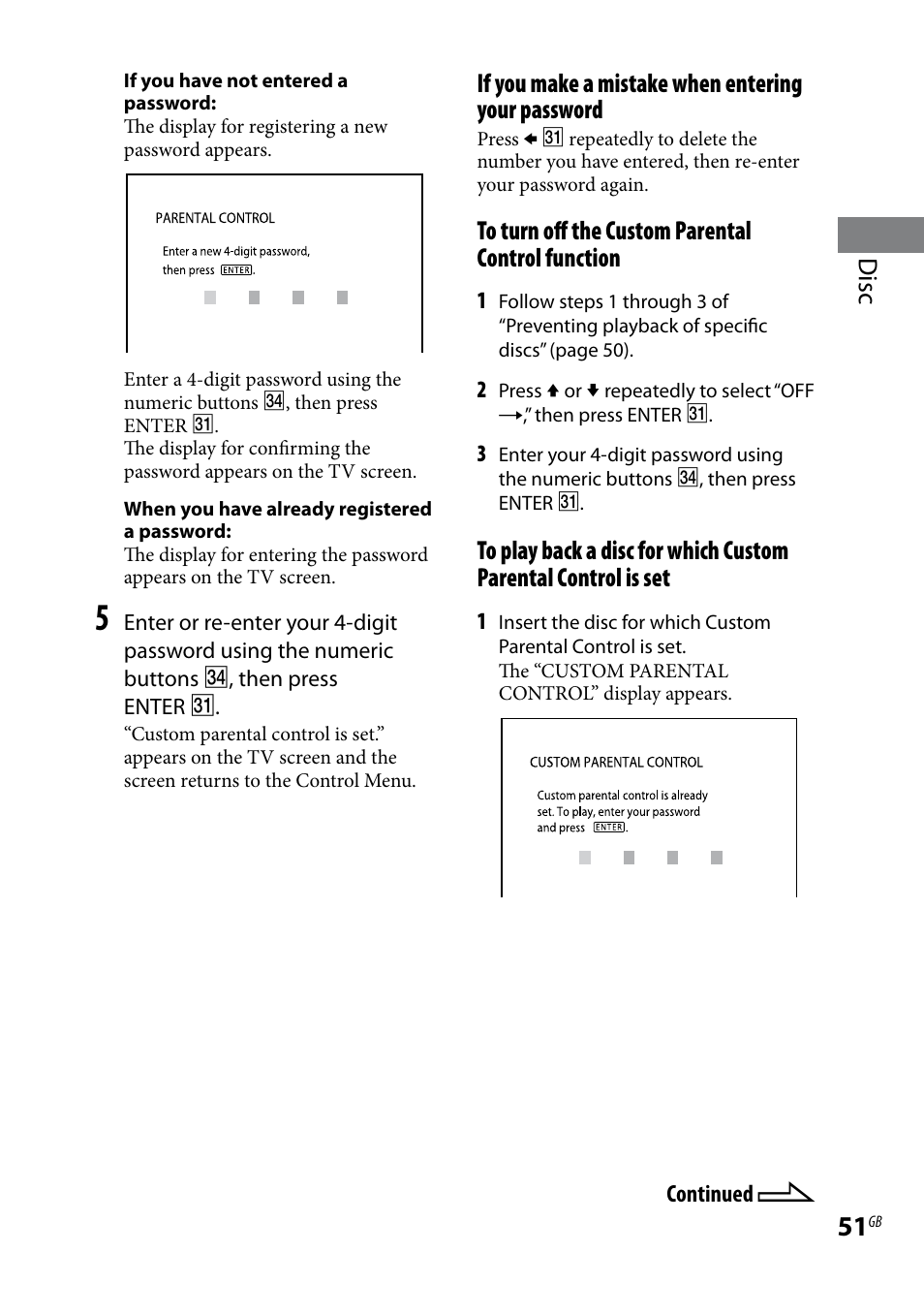 Disc, If you make a mistake when entering your password | Sony 3-097-194-15(1) User Manual | Page 51 / 112
