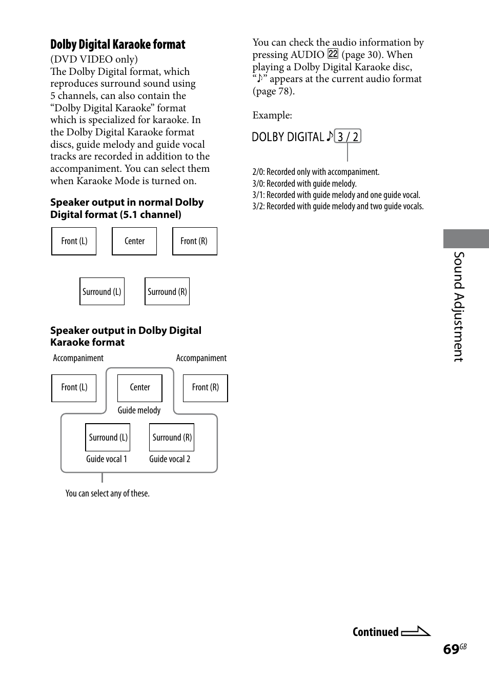Sound a djustmen t dolby digital karaoke format | Sony 3-097-194-15(1) User Manual | Page 69 / 112
