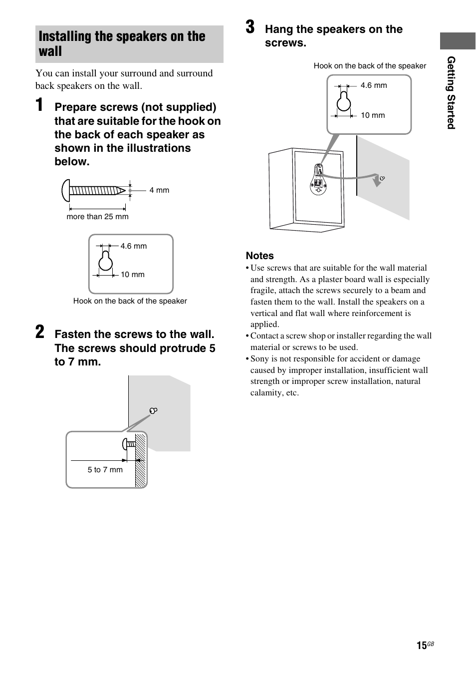 Installing the speakers on the wall | Sony HT-DDW5500 User Manual | Page 15 / 76