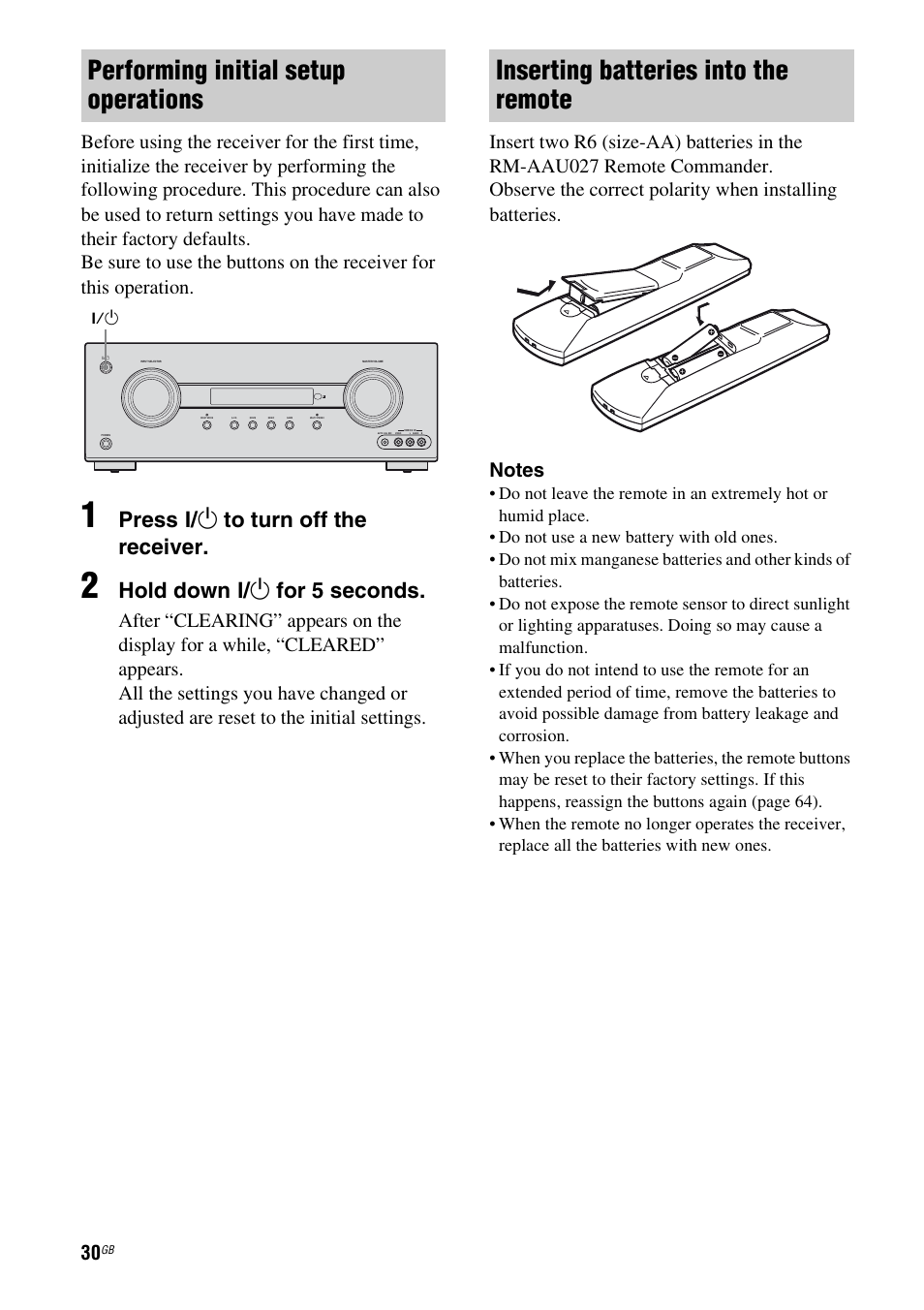 Performing initial setup operations, Inserting batteries into the remote, Press ? / 1 to turn off the receiver | Hold down ? / 1 for 5 seconds | Sony HT-DDW5500 User Manual | Page 30 / 76