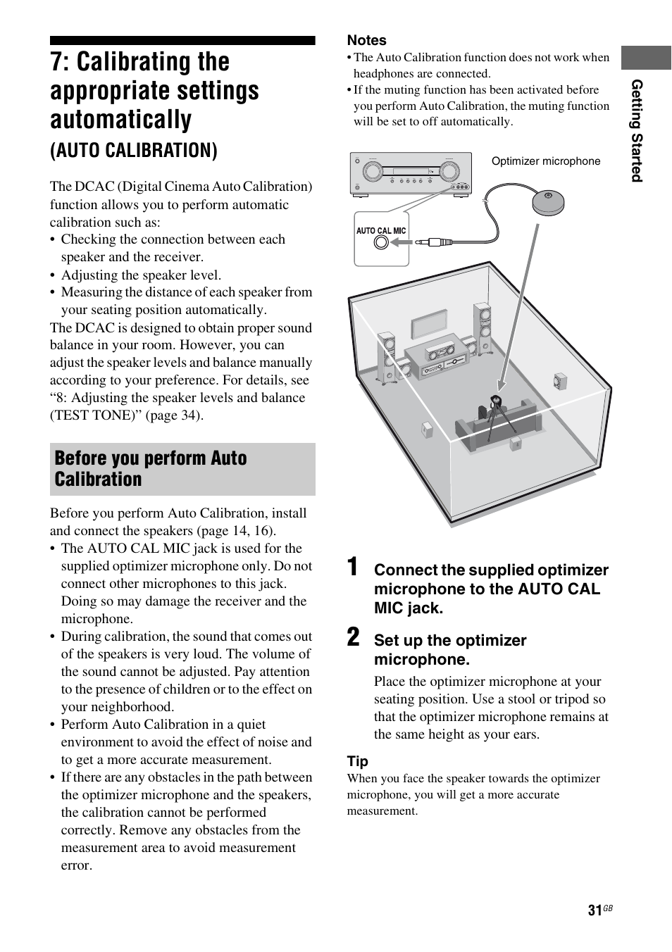 Calibrating the appropriate settings, Automatically, Auto calibration) | Calibrating the appropriate settings automatically, Before you perform auto calibration | Sony HT-DDW5500 User Manual | Page 31 / 76