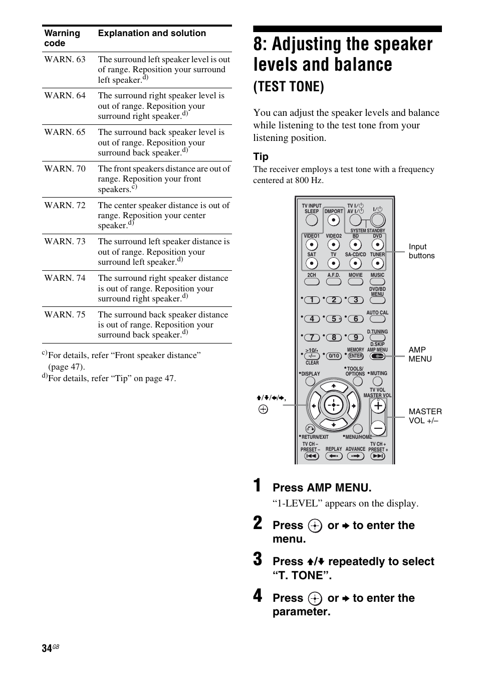 Adjusting the speaker levels and balance, Test tone), Press amp menu | Press or b to enter the menu, Press v / v repeatedly to select “t. tone, Press or b to enter the parameter, Level” appears on the display | Sony HT-DDW5500 User Manual | Page 34 / 76