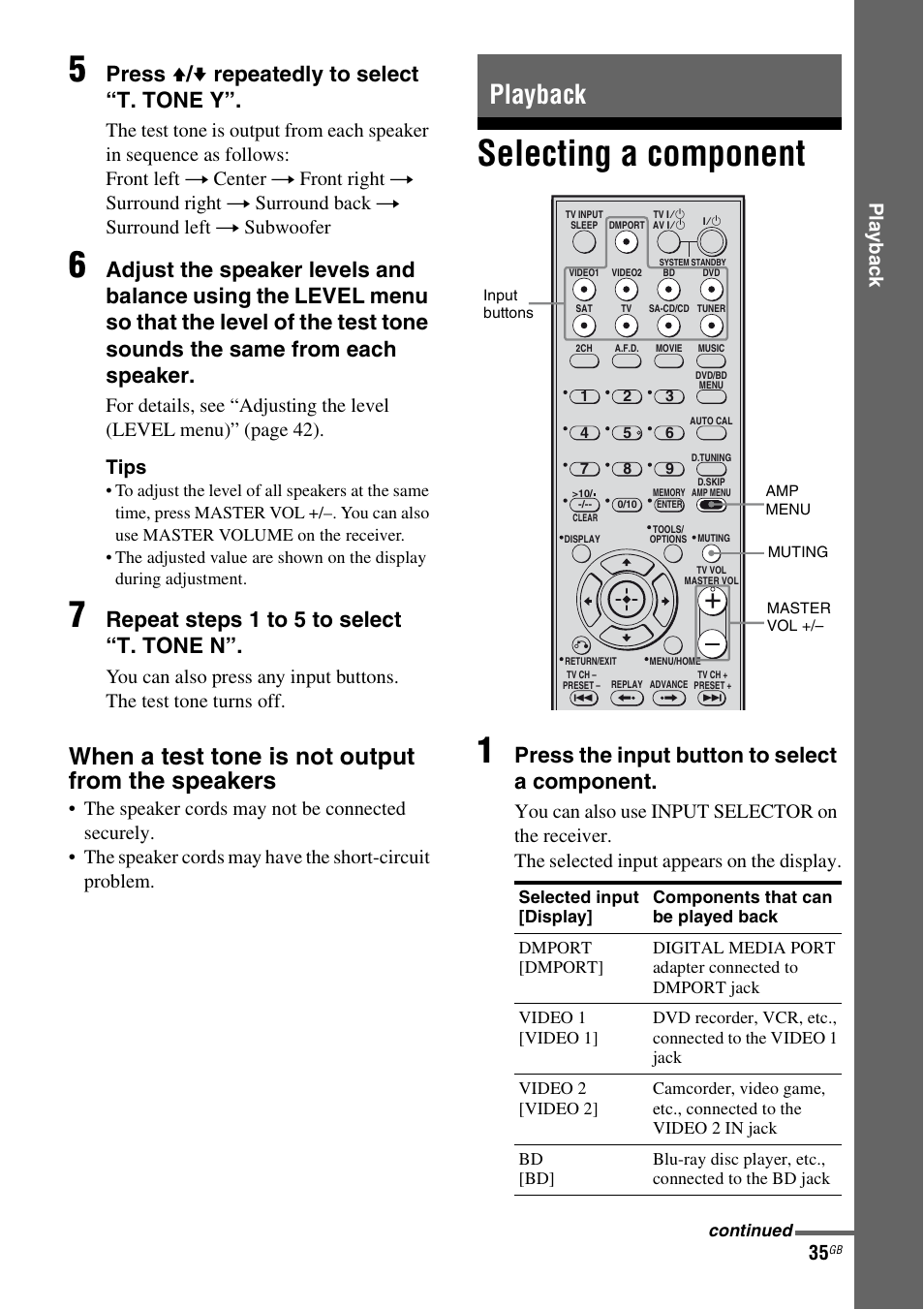 Playback, Selecting a component, E 35 | Selecting a component 1, When a test tone is not output from the speakers, Press v / v repeatedly to select “t. tone y, Repeat steps 1 to 5 to select “t. tone n, Press the input button to select a component, Play b a ck | Sony HT-DDW5500 User Manual | Page 35 / 76