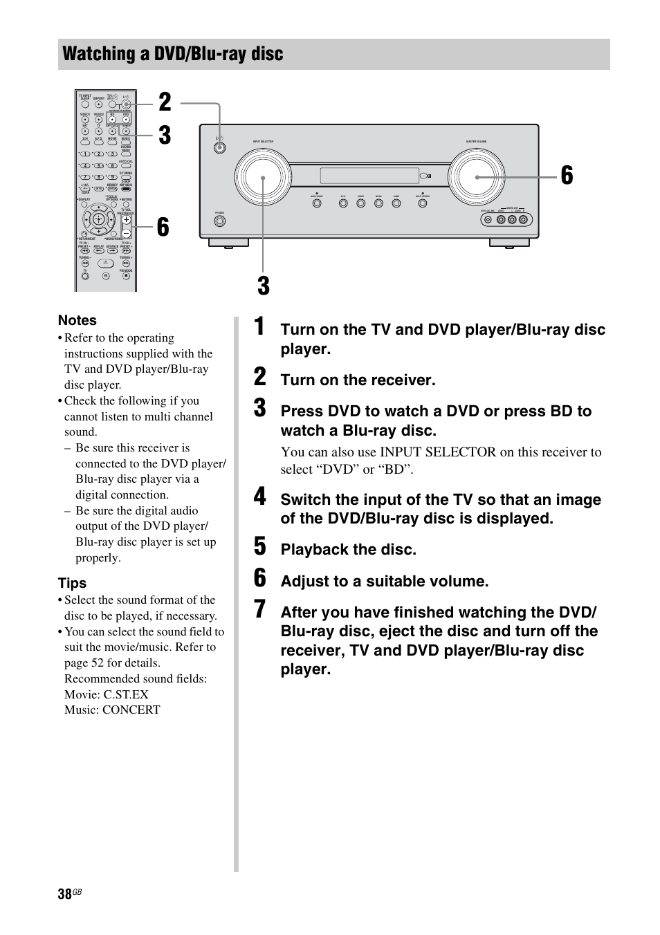 Watching a dvd/blu-ray disc, Turn on the tv and dvd player/blu-ray disc player, Turn on the receiver | Playback the disc, Adjust to a suitable volume, Tips | Sony HT-DDW5500 User Manual | Page 38 / 76