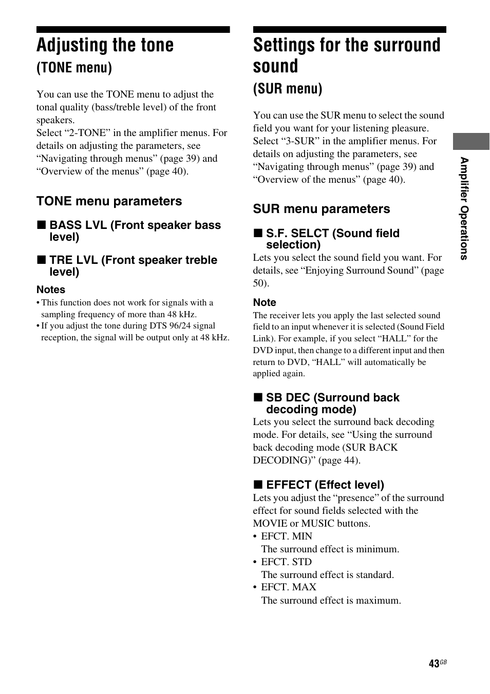 Adjusting the tone (tone menu), Settings for the surround sound (sur menu), Sur menu) | Adjusting the tone, Settings for the surround sound, Tone menu) | Sony HT-DDW5500 User Manual | Page 43 / 76
