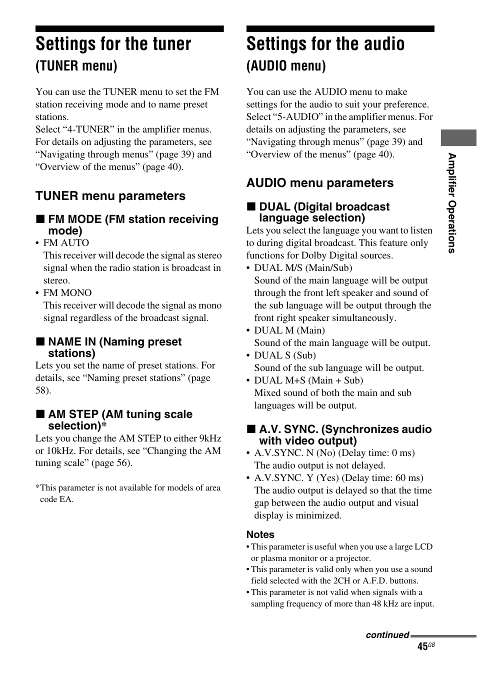 Settings for the tuner (tuner menu), Settings for the audio (audio menu), Settings for the tuner | Settings for the audio, Tuner menu), Audio menu) | Sony HT-DDW5500 User Manual | Page 45 / 76