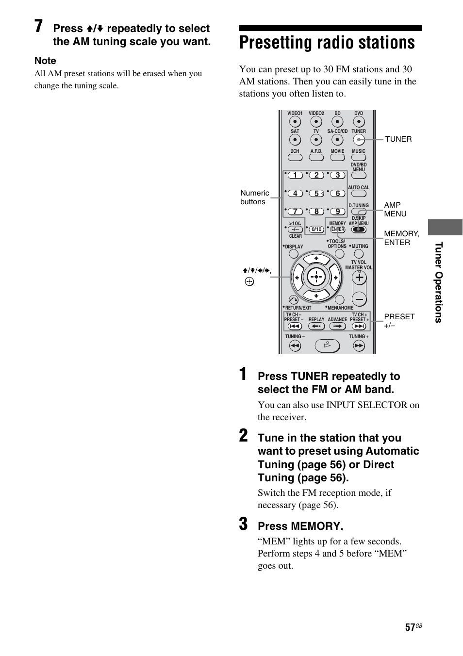 Presetting radio stations, Press tuner repeatedly to select the fm or am band, You can also use input selector on the receiver | Sony HT-DDW5500 User Manual | Page 57 / 76