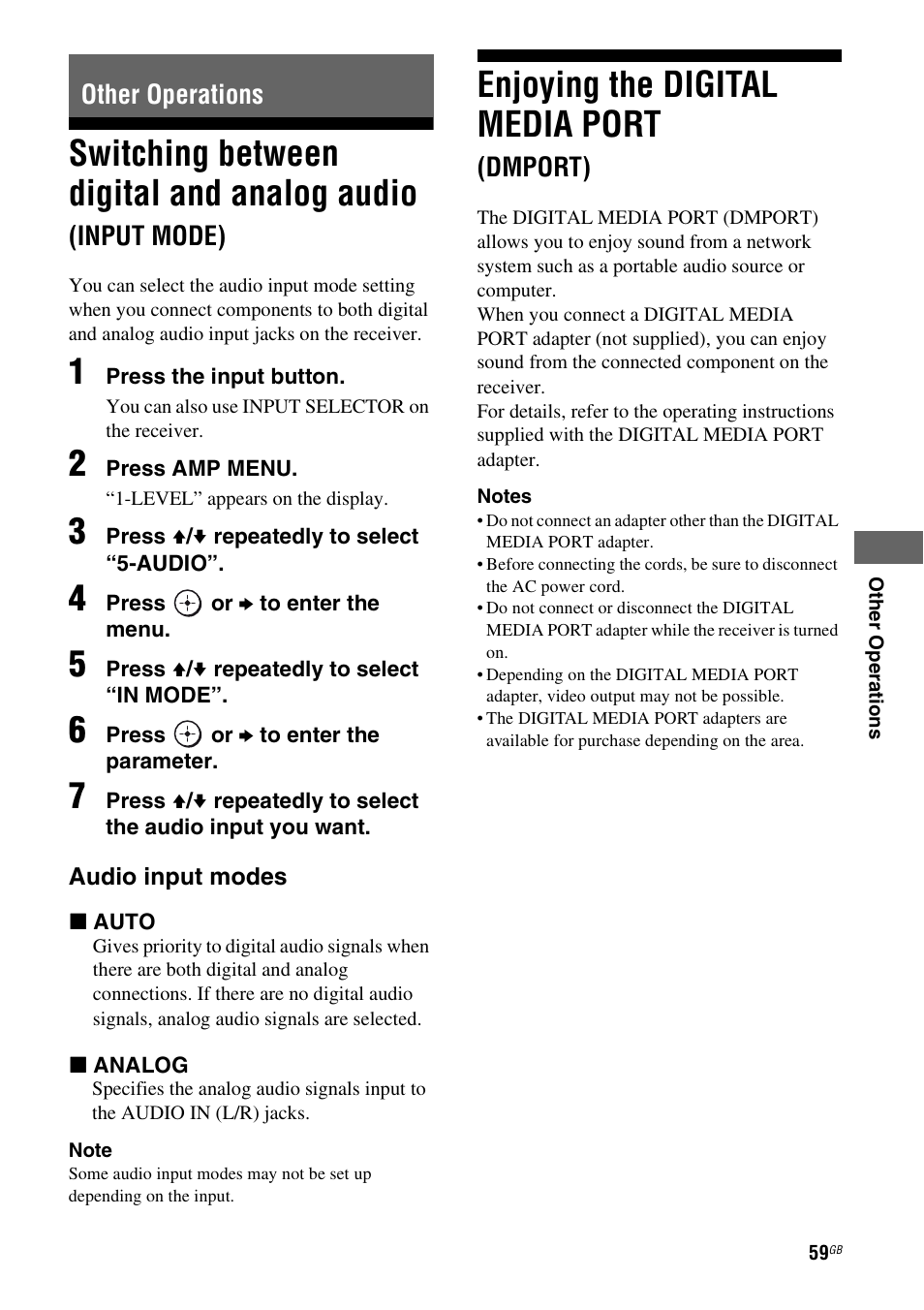 Other operations, Enjoying the digital media port (dmport), Switching between digital and analog audio | Input mode), Enjoying the digital media port, Dmport) | Sony HT-DDW5500 User Manual | Page 59 / 76
