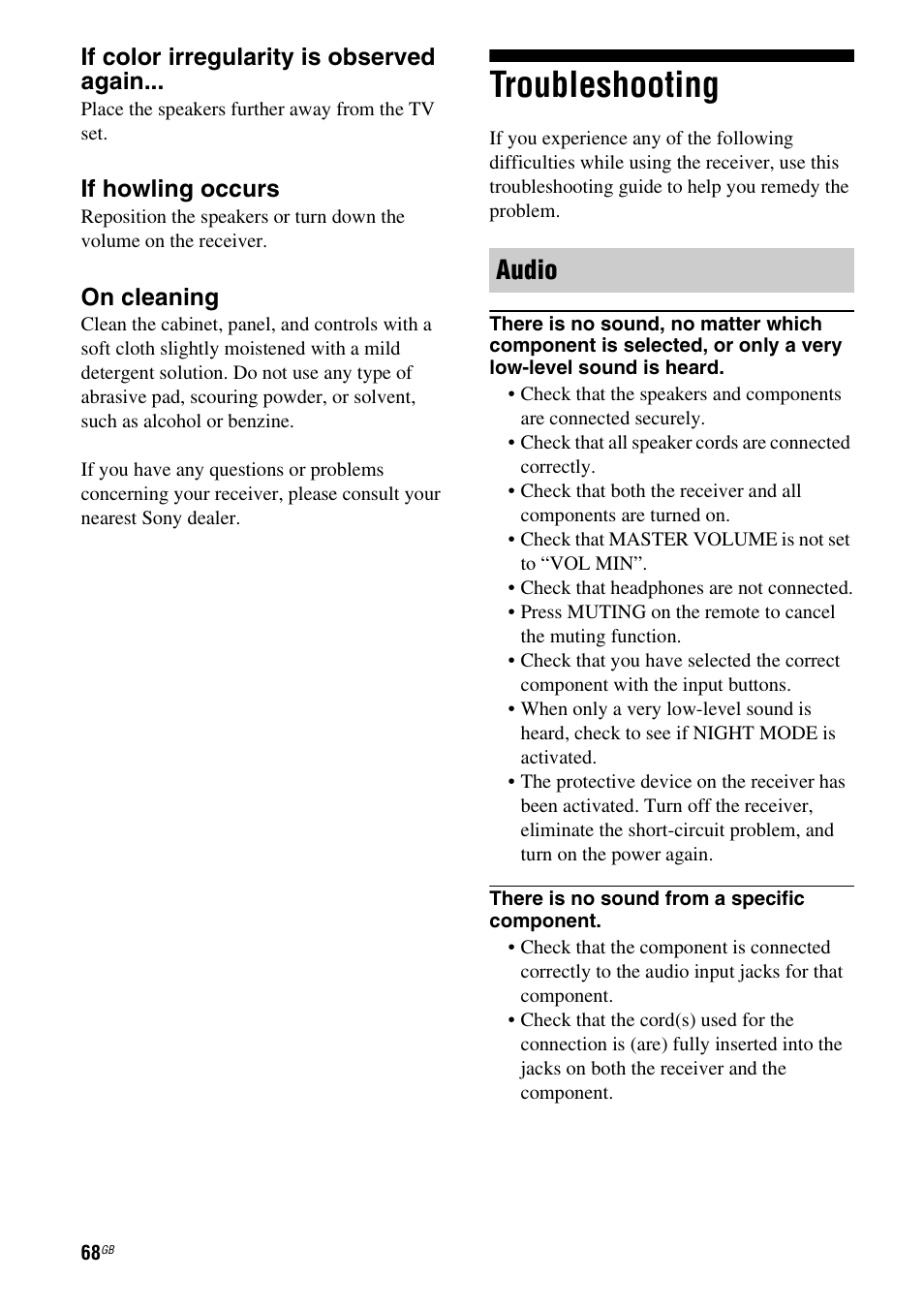 Troubleshooting, Audio | Sony HT-DDW5500 User Manual | Page 68 / 76