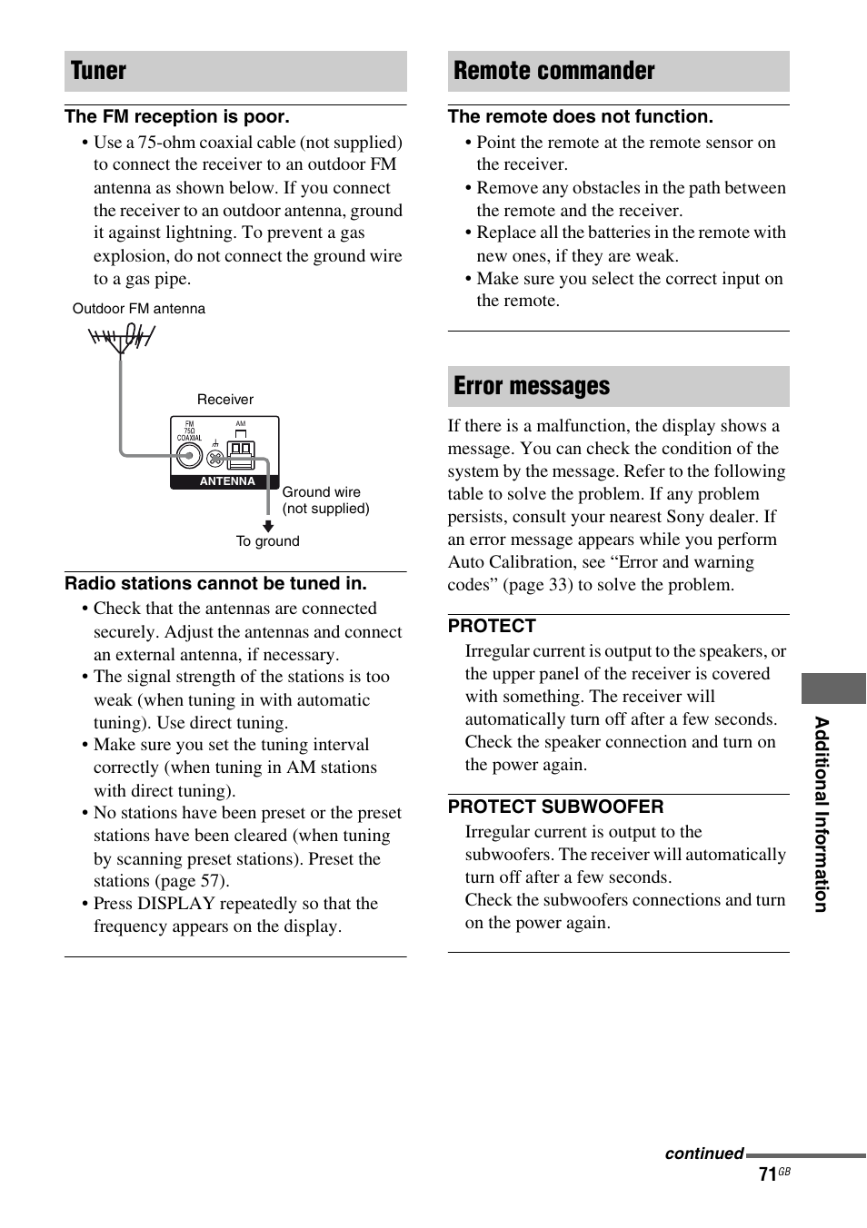 Tuner, Remote commander error messages | Sony HT-DDW5500 User Manual | Page 71 / 76