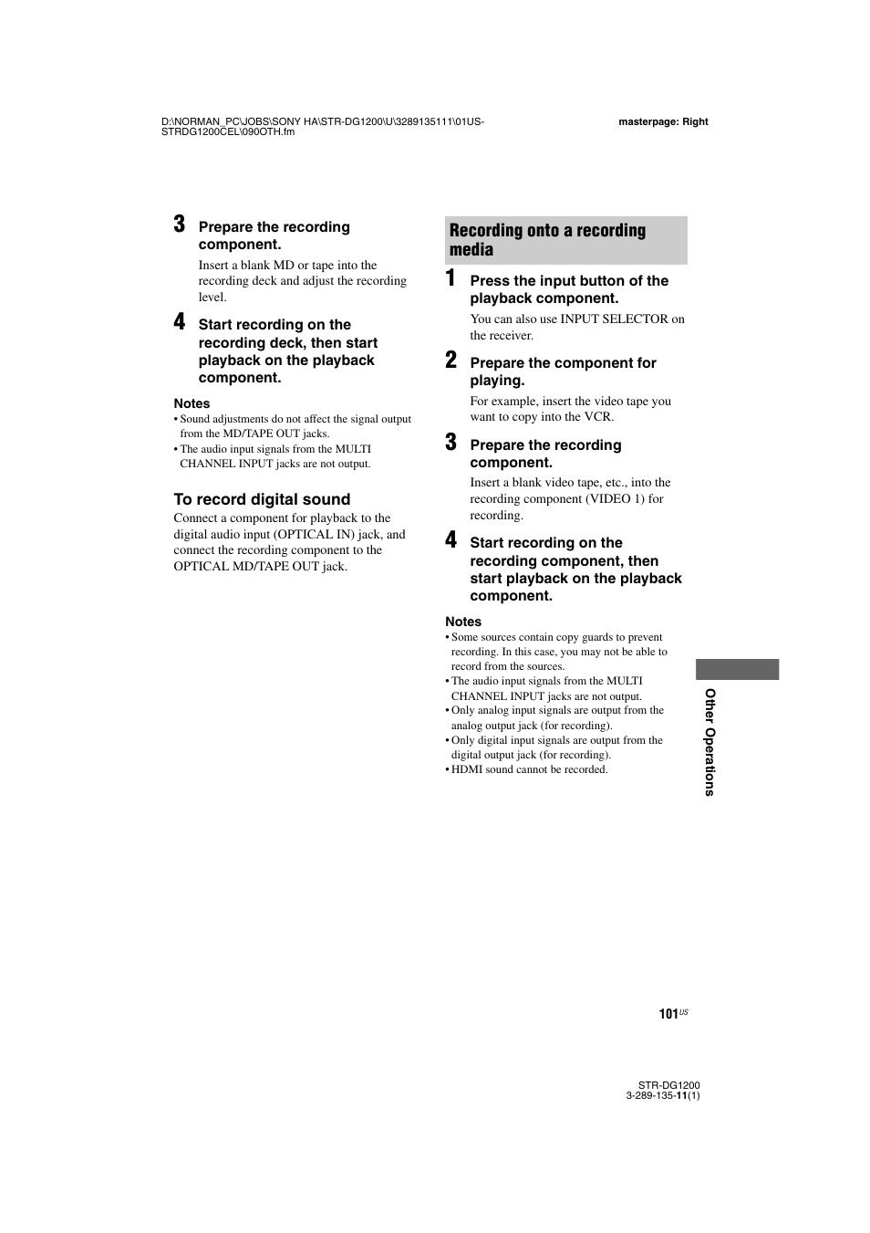 Recording onto a recording media | Sony R-DG1200 User Manual | Page 101 / 136