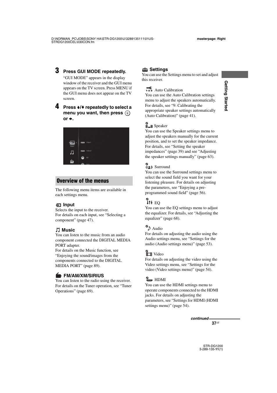 Overview of the menus | Sony R-DG1200 User Manual | Page 37 / 136