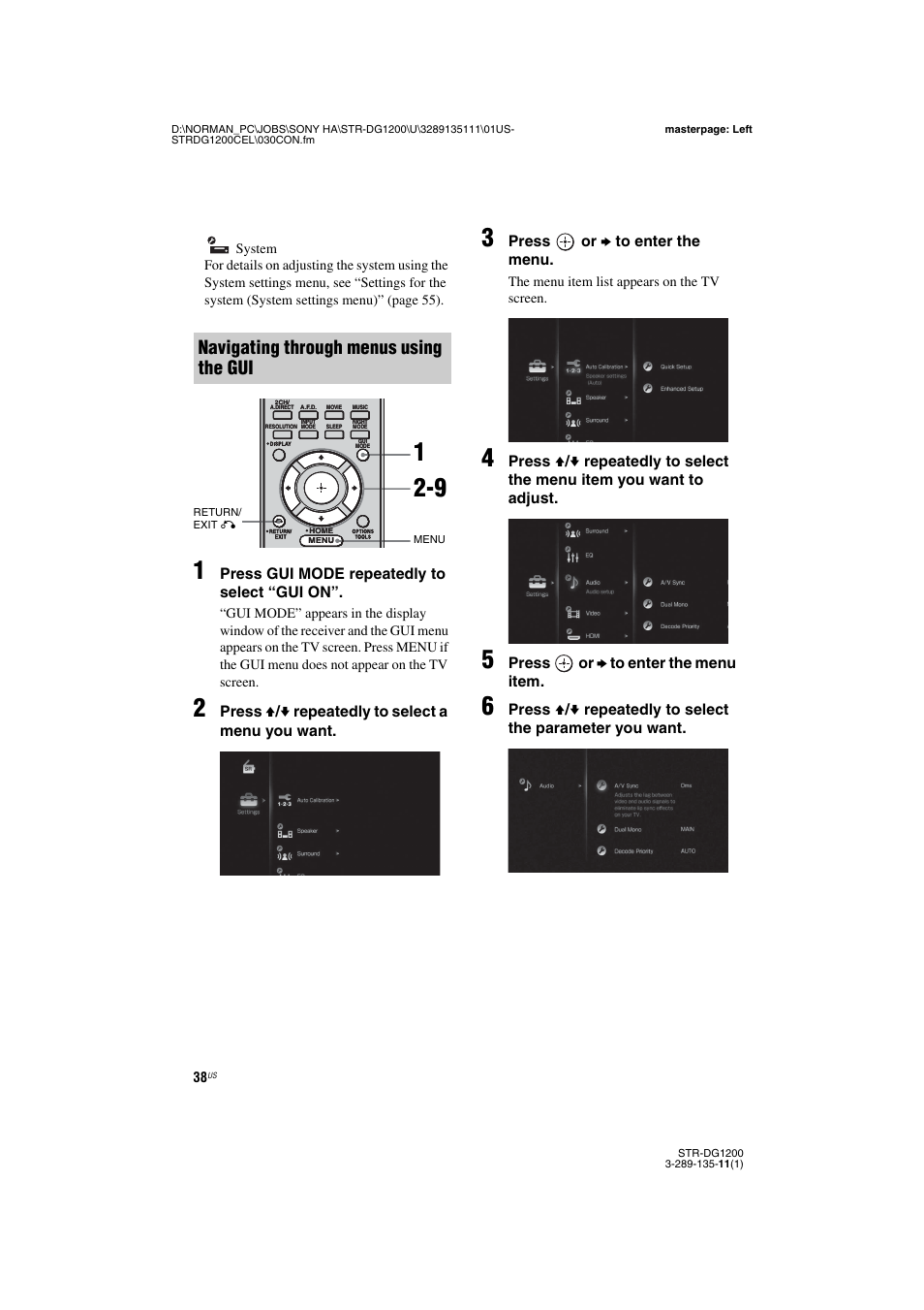 Navigating through menus using the gui | Sony R-DG1200 User Manual | Page 38 / 136