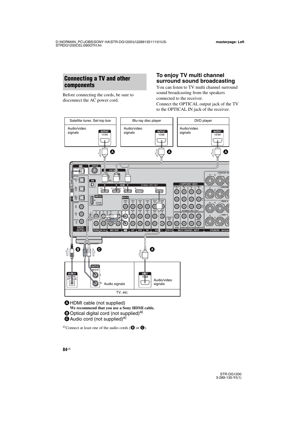 Connecting a tv and other components | Sony R-DG1200 User Manual | Page 84 / 136