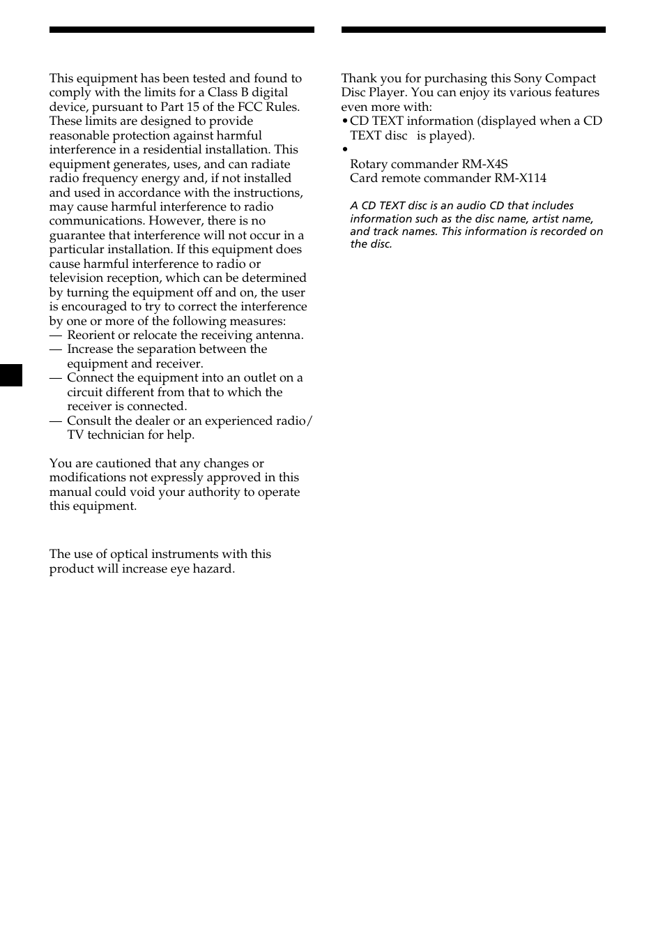 2welcome, Warning | Sony CDX-L550X  EN User Manual | Page 2 / 24