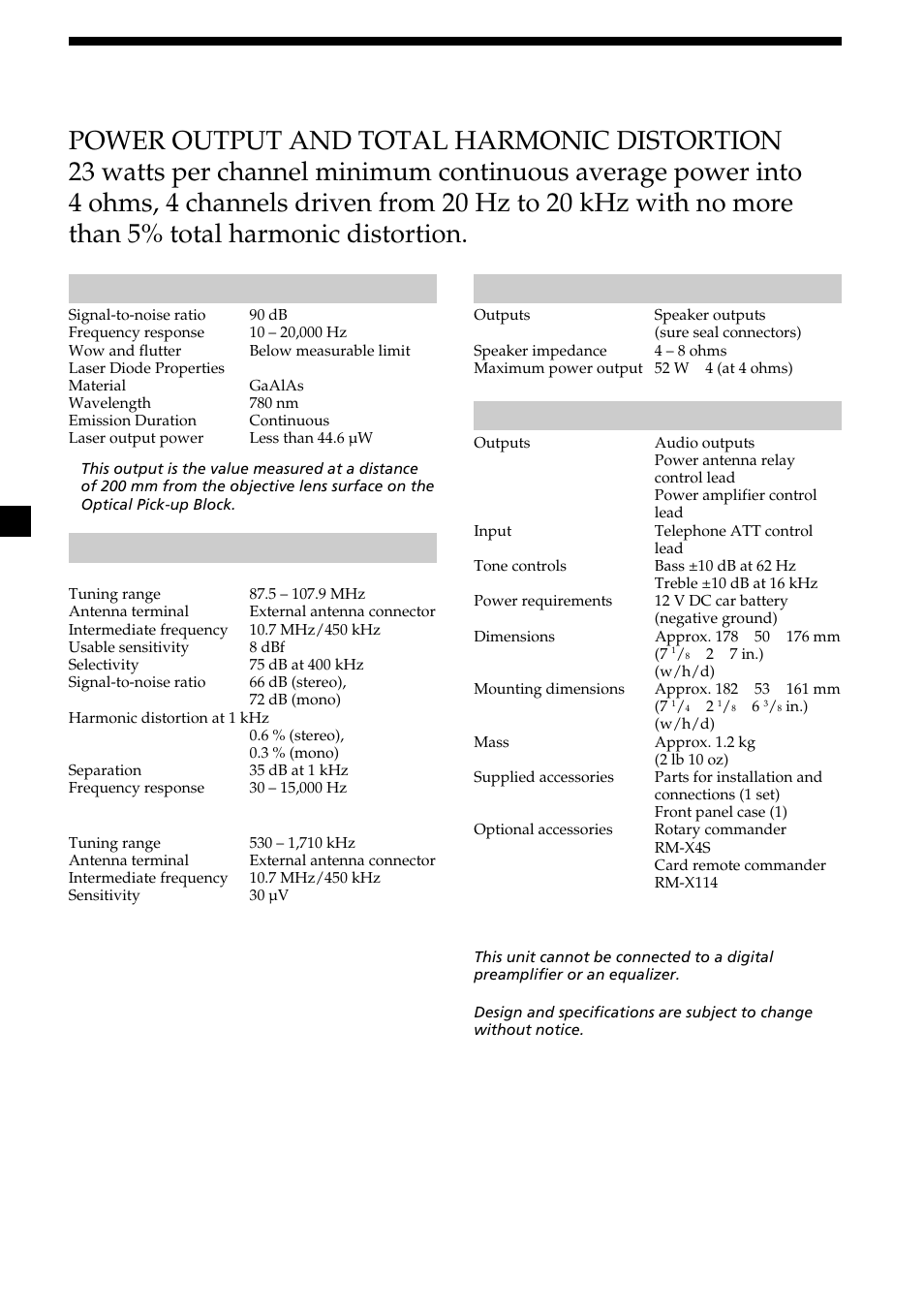 Specifications, 20 specifications, General | Audio power specifications | Sony CDX-L550X  EN User Manual | Page 20 / 24