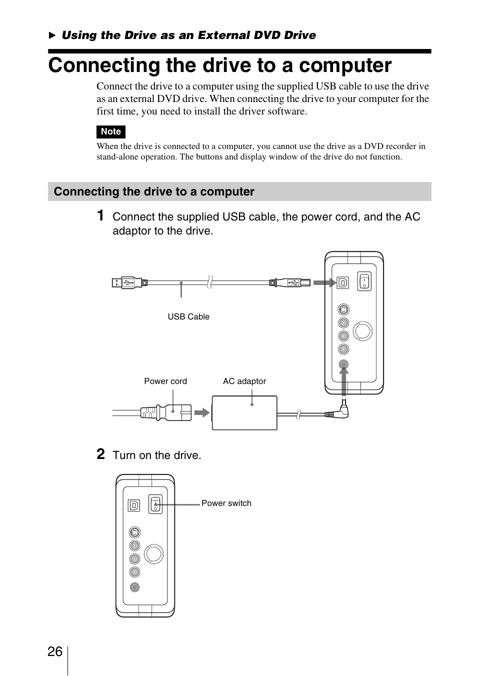B using the drive as an external dvd drive, Connecting the drive to a computer, Using the drive as an external dvd drive | Sony VRD-VC10 User Manual | Page 26 / 52