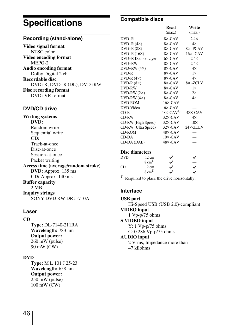 Specifications | Sony VRD-VC10 User Manual | Page 46 / 52