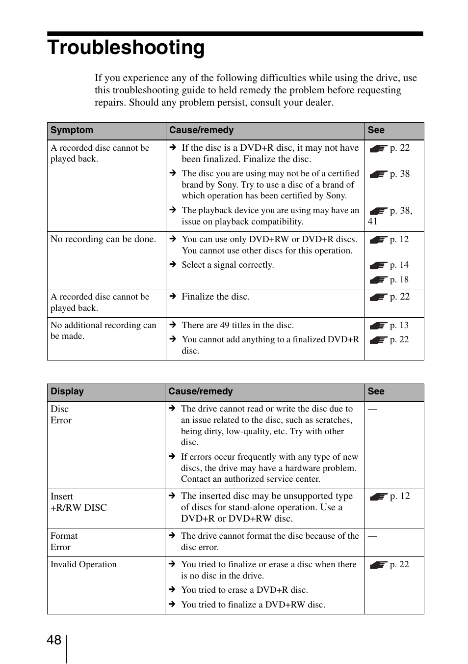 Troubleshooting, P. 48) | Sony VRD-VC10 User Manual | Page 48 / 52